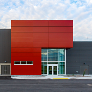 Front entrance view of the DCA designed Canadian Forces Base in Petawawa, built to provide a storage and maintenance facility for secure military vehicles.