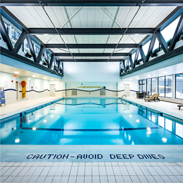 View of the Delta Hotels Ottawa City Centre Pool, made with rich blue specialty Italian tile, specifically designed for swimming pools.