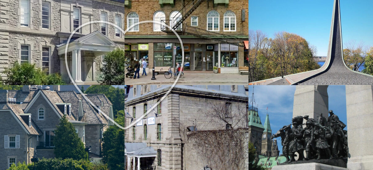 Various images of the DCA teams architectural favourites in Ottawa-- Arts Court, Iona Mansion, First Unitarian Congregation of Ottawa, 24 Sussex Drive, Ottawa Jail Hostel, and the National War Memorial