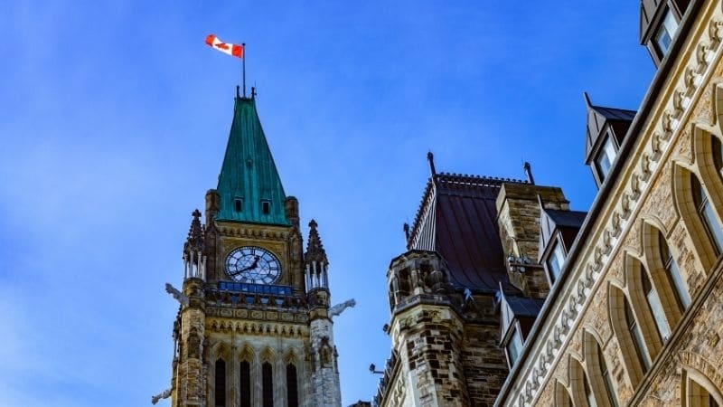 Close-up view of the clock tower at the Ottawa parliament buildings