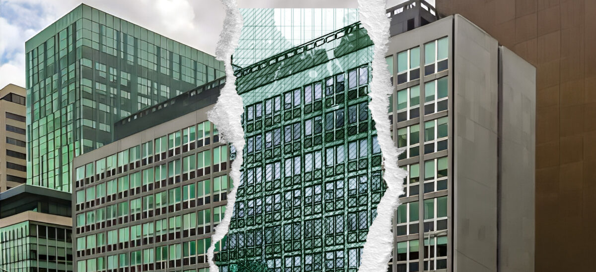 Initial illustration of a building overlaid on top of the finished building.